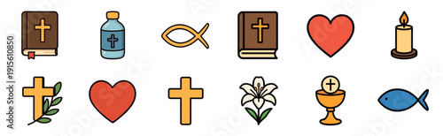 Symbols of faith and spirituality are shown, including crosses, a Bible, and a heart representing love in a simple design