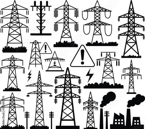 Collection of various black electrical power line towers, pylons, warning signs, and industrial factory silhouette with smoke, isolated vector icons