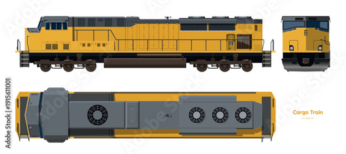 Isolated diesel cargo train. 3d drawing of yellow locomotive. Railway delivery. Side, top and front railroad vehicle view.