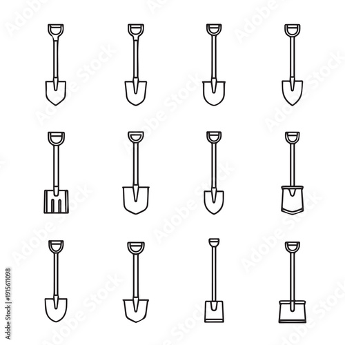 Set of twelve shovel icons, different types, outline vector illustration