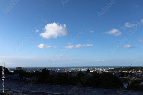 City by the Horizon: A breathtaking vista unfolds, where a sprawling city merges seamlessly with the tranquil sea, under a vast canvas of a sky and fluffy clouds.
