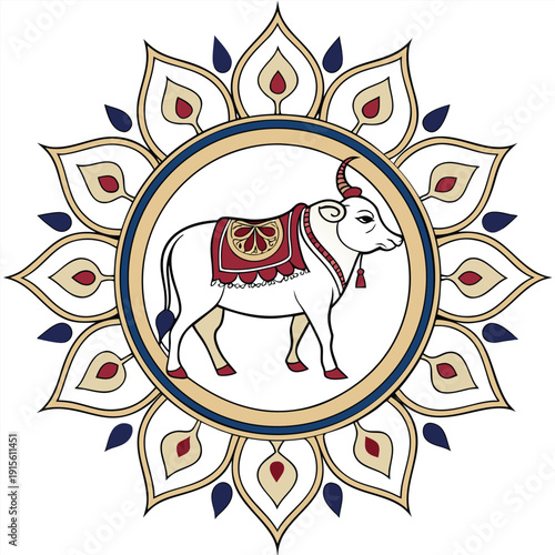Decorated sacred cow with lotus flowers Indian folk art vector, Decorated sacred cow with traditional indian patterns and bells, Indian festival and cultural design, 