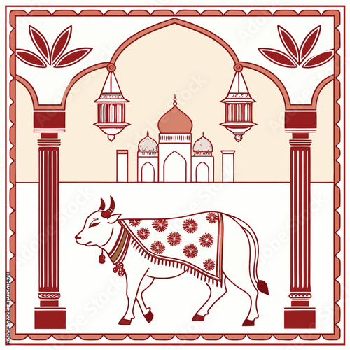 Decorated sacred cow with lotus flowers Indian folk art vector, Traditional Indian Pichwai Art of Shrinathji, Hindu symbols,  lotus. 