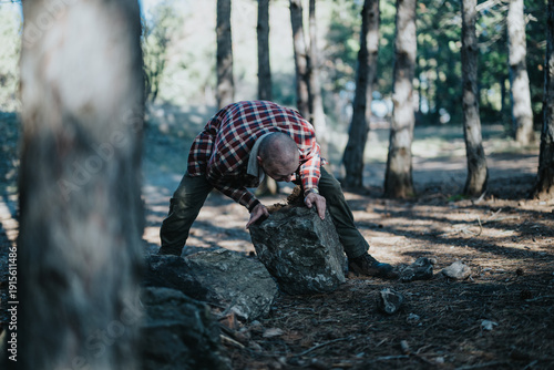 Tableau sur toile A man in a plaid shirt bends to lift a heavy rock in a pine forest