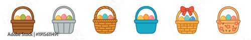 Decorative baskets filled with colorful eggs arranged in a row to celebrate a holiday