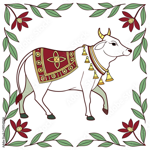 Indian sacred animal heritage vector illustration, depiction of a sacred indian cow adorned with traditional ornaments, Traditional Decorated Cow Vector Art,  a bell for religious festivals, 