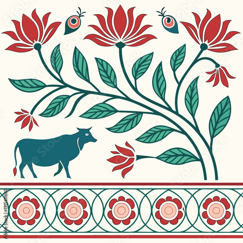 Indian sacred animal heritage vector illustration, depiction of a sacred indian cow adorned with traditional ornaments, Traditional Decorated Cow Vector Art,  a bell for religious festivals, 