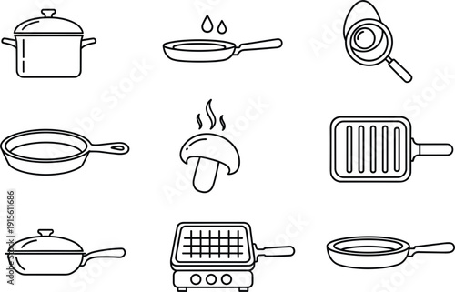 Vector line icon set of 9 kitchen cookware including frying pans, pots, grill pans, and woks for cooking design।