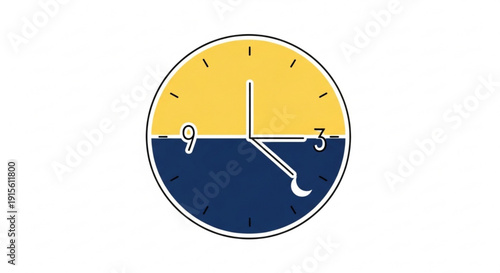 Minimalist clock face divided into day and night representing time and schedule isolated on white background