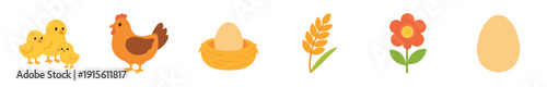 Chickens, eggs, and flowers in a farm setting during daytime with a simple rural theme