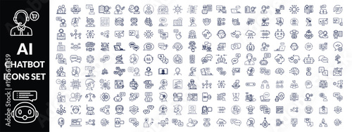 Chatbot set of web icons in line style. A collection of linear icons representing key Chatbot concepts, including a robot head with a headset, chatbot on a laptop, speech bubbles, Editable stroke 