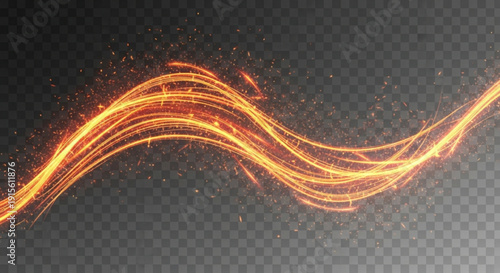 Vibrant orange light trails wave through dynamic sparks and glowing particles