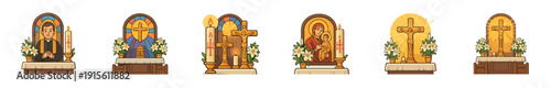 Various religious symbols and icons displayed on an altar with candles and flowers in a church setting during a ceremony