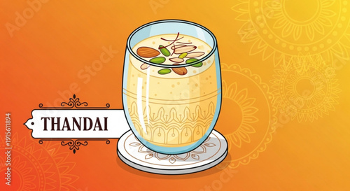 Thandai drink in a glass garnished with nuts and spices a traditional Indian beverage for festivals and celebrations vector illustration on a vibrant background