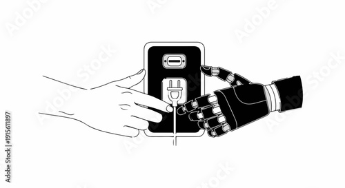 Human and robotic hand collaborate to plug in a device, symbolizing future technology integration.