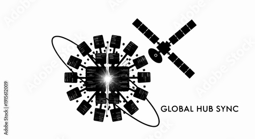Abstract digital network connecting earth and satellite for global data synchronization