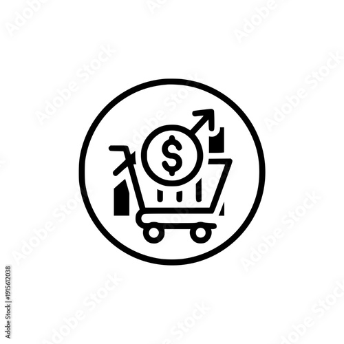 Shopping cart with dollar coin and rising arrow graph icon representing e-commerce growth and sales analysis