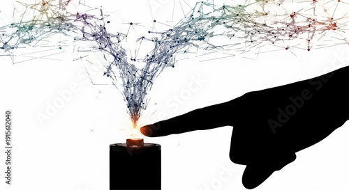 Finger activating a glowing energy source, sparking colorful abstract connections
