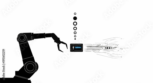 Robotic arm assembling electronic component with futuristic digital data flow