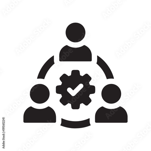 Team collaboration with gear icon and three people working together