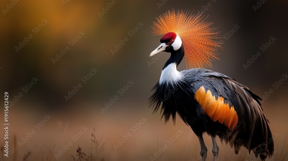 Naklejka premium A regal crane showcases its vibrant plumage against a blurred natural setting, emphasizing the beauty and unique characteristics of this stunning bird.