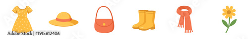 Bright spring items such as dress, hat, bag, boots, scarf, and flower arranged in a creative way for a seasonal display