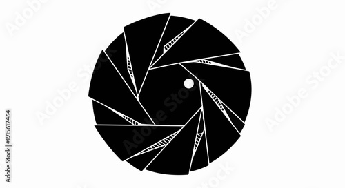 Abstract graphic of camera aperture blades opening and closing on a white background.