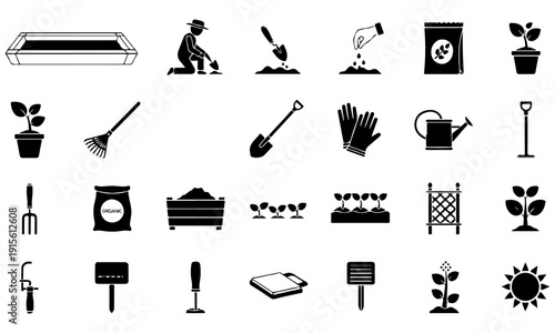Big Set of Modern Simple Black Gardening and Agriculture Icons Vector