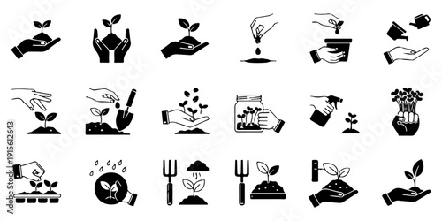 Set of Gardening and Plant Care Vector Icons. Planting, Seedling, Watering, Sprout Growth Glyphs.