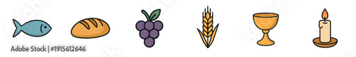 Religious symbols including fish, bread, grapes, wheat, wine glass, and candle on a table during a gathering