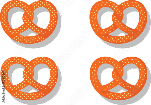 Vector illustration set of 4 delicious salty pretzels with sesame seeds and salt crystals isolated on white
