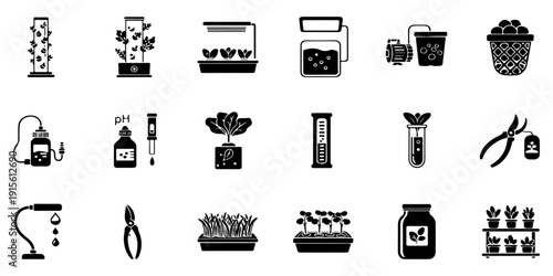 Set of Black Hydroponics Icons. Modern Solid Vector Collection for Indoor Gardening and Plant Cultivation.
