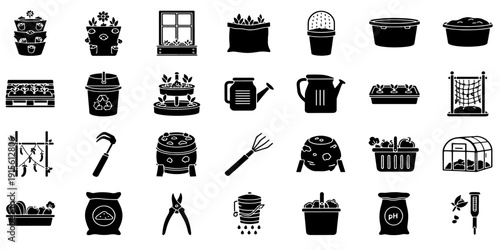 Big Set of Gardening and Planting Icons. Flat Solid Glyph Style Vector Illustration.