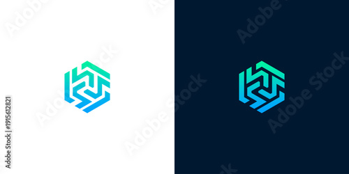 Abstract modern hexagonal logo design featuring interconnected dynamic shapes in a vibrant blue-green gradient, symbolizing innovation, connection, and progress for digital businesses