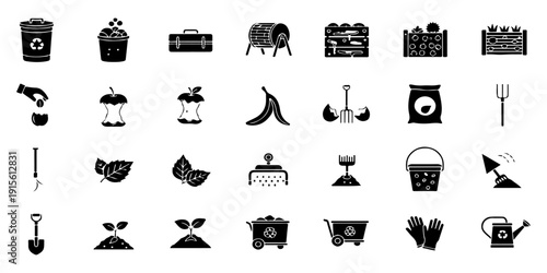 Composting, Recycling, and Gardening Vector Icons Set. Organic Waste Management Symbols.