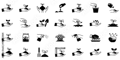 Set of plant growth and gardening vector icons. Hands planting, watering, and caring for sprouts. Agriculture concepts.