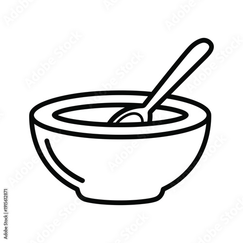 Simple bowl with spoon, black outline on white background