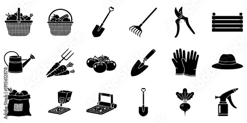 Set of Black Glyph Gardening Tools and Agriculture Harvest Vector Icons Collection