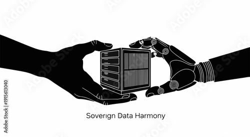 Human hand and robot hand carefully exchange a data cube, symbolizing technology and humanity cooperation.