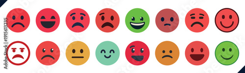 Emoticons icons set. Emoji faces collection. Emojis flat style. Happy happy, smile, neutral, sad and angry emoji. vector emoji set