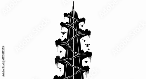 Futuristic spiraling tower with hanging elements against a stark white background.