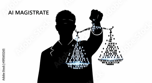 Silhouette of a figure holding digital scales of justice, symbolizing AI in law.