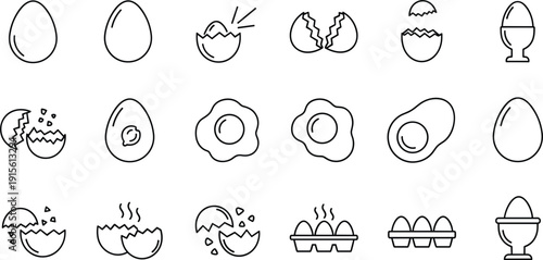 Vector line icon set of 18 egg elements including whole eggs, broken shells, fried eggs, and egg cartons।