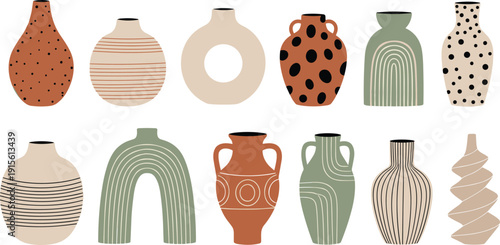 Boho abstract ceramic vase set with modern minimal pottery shapes and earthy colors