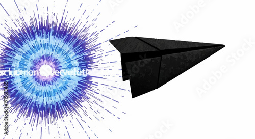Black paper airplane soars through a vibrant blue energy burst, symbolizing innovation and speed.