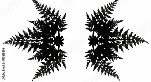 Symmetrical black fern leaves create a delicate, organic fractal pattern on a white background.