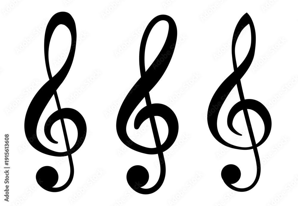 Obraz premium Three large black treble clefs aligned horizontally on a white background, evenly spaced, emphasizing musical notation, minimalistic composition suitable for music themed projects. Vector illustration