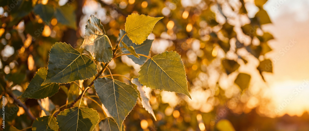 Fototapeta premium Feuilles de peuplier (Populus) deltoïdes et luisantes, capturées sous un soleil couchant doré avec un arrière-plan en bokeh chaleureux et scintillant