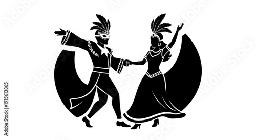 Couple in carnival costumes dancing masquerade silhouette for festive events vector illustration on white background