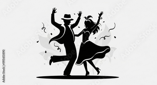 Silhouette of a dancing couple in 1920s attire celebrating with confetti perfect for vintage party invitations and retro event designs